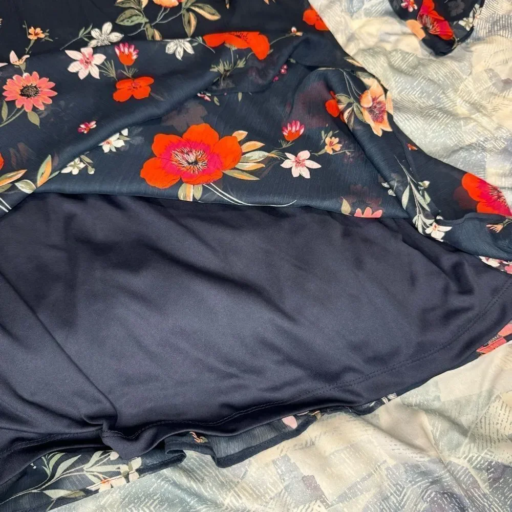 Calvin Klein Plus Size Navy Chiffon 3/4 Sleeve Shift Floral Dress Sz 16W NWOT